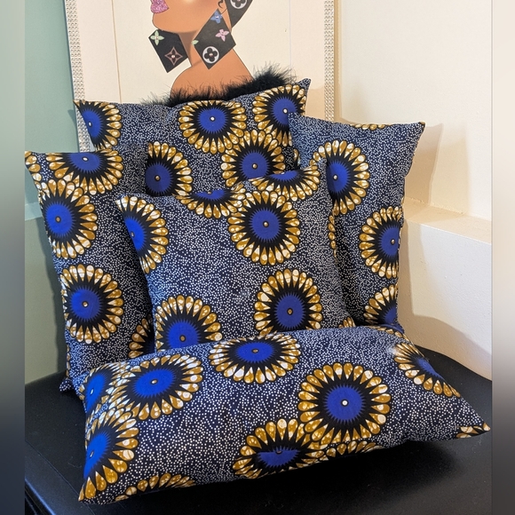 Handmade Other - Purse Pillows SET Of Five Handmade Vibrant Blue African Print Decorative Design